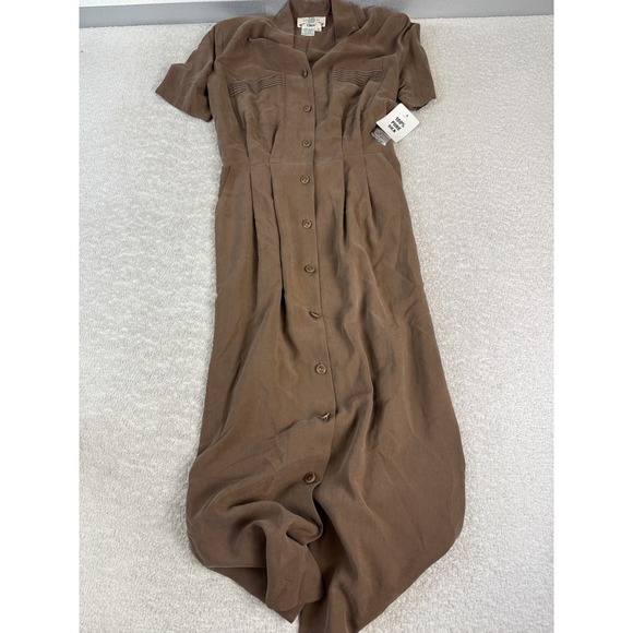 Orvis Dresses & Skirts - Orvis Dress Womens 12 Brown Silk Short Sleeve Button Front Midi Workwear Pockets